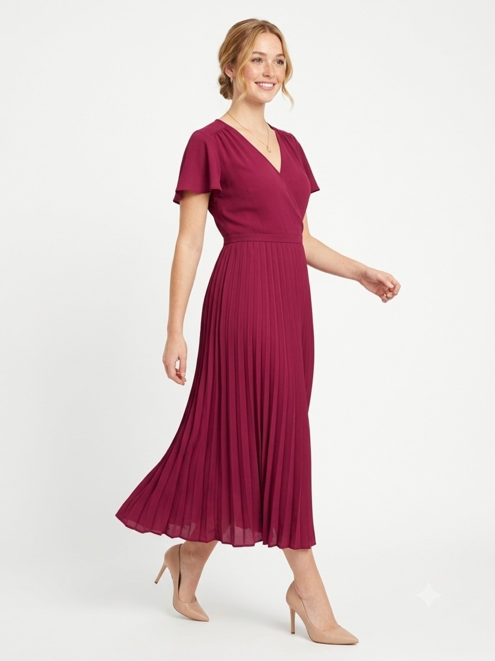 J. Crew V-Neck Pleated Midi Dress in Raspberry